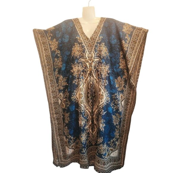 Bohemian Kaftan Maxi Dress  Deep Blue & Gold Floral Print V-Neck Adjustable Wais - Picture 5 of 8